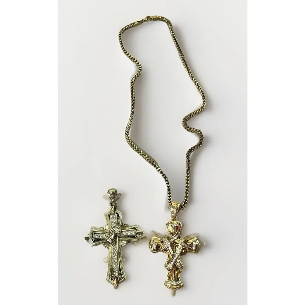 Lg Gold Tone Cross Pendant Lot w 30” Stainless Chain 2 Interchangeable Pendants